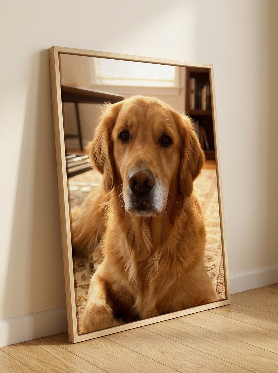 Close-up of the natural pinewood frame and matte canvas texture on a fine-art pet portrait